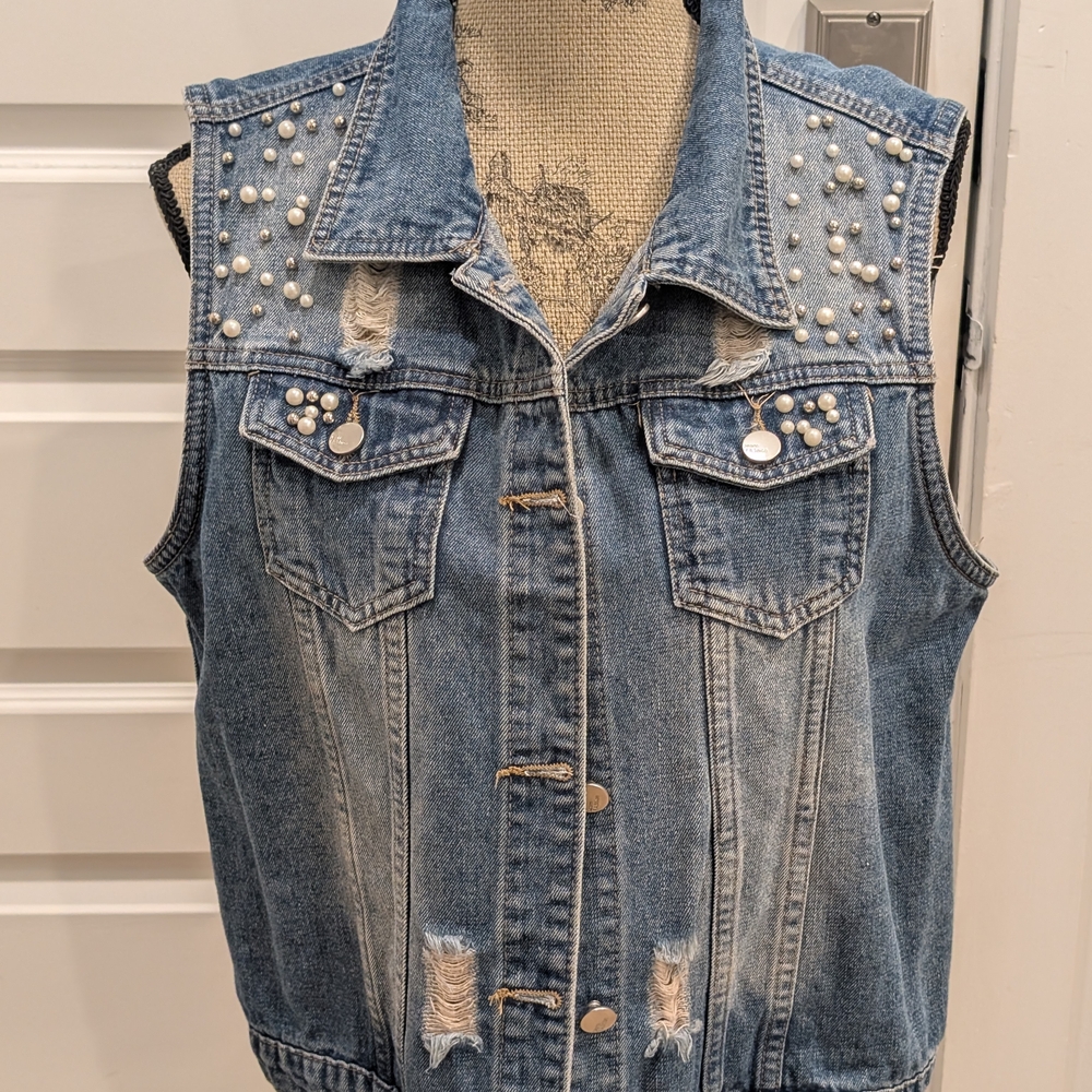 Women's Studded Denim Vest, Size Large